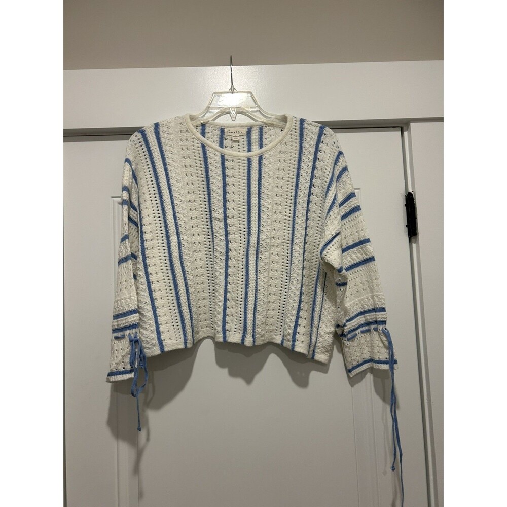 White Blue Striped lightweight Sweater Size Large Open Nautical Beach Game Day